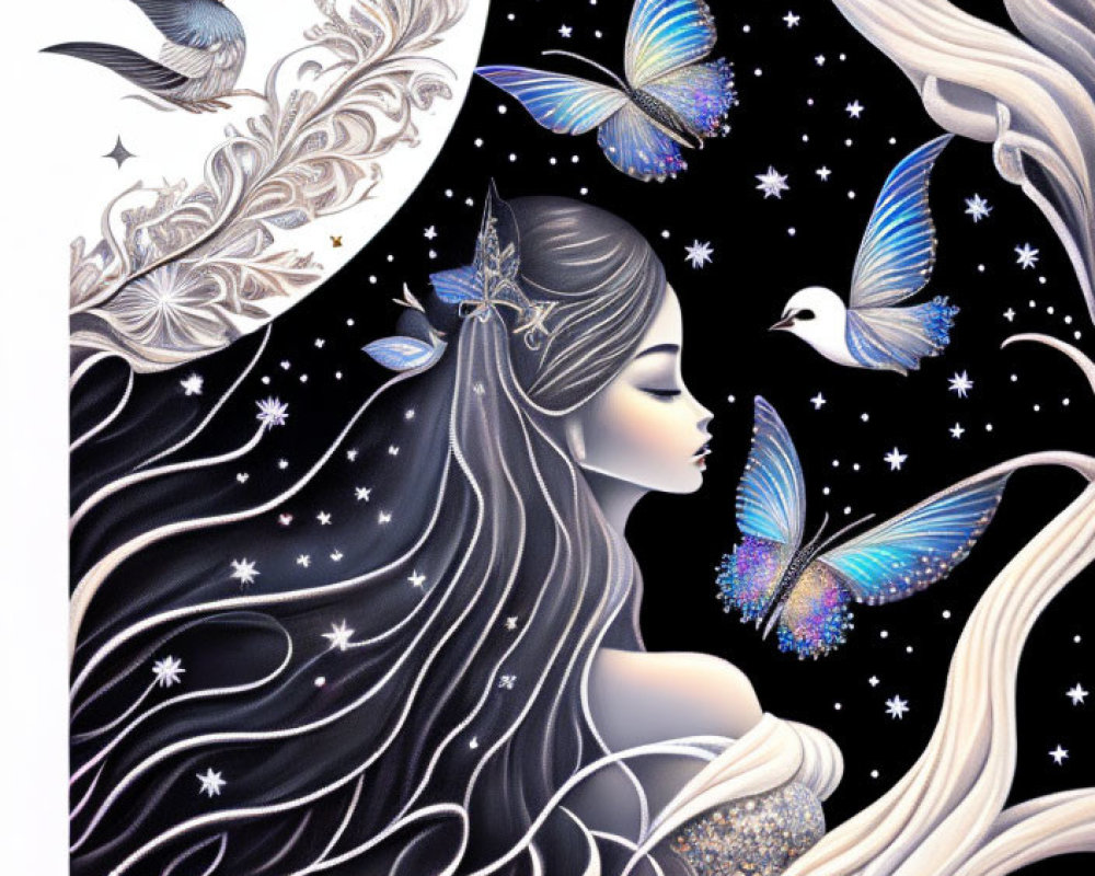 Stylized fantasy illustration of woman with dark hair and celestial motifs
