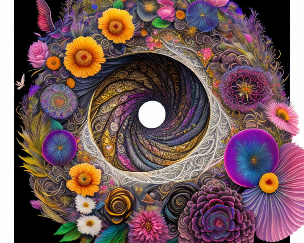Colorful Abstract Vortex with Flowers and Bird on Black Background