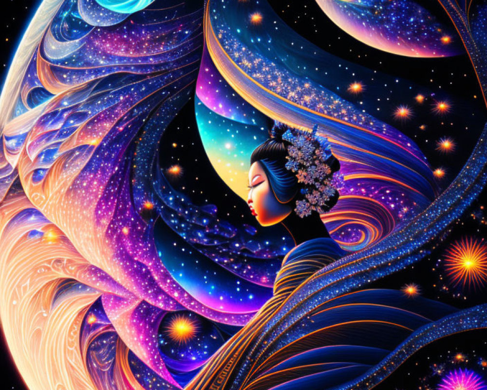Digital artwork of woman's profile merged with cosmic scene: swirling galaxies, stars, and nebulas