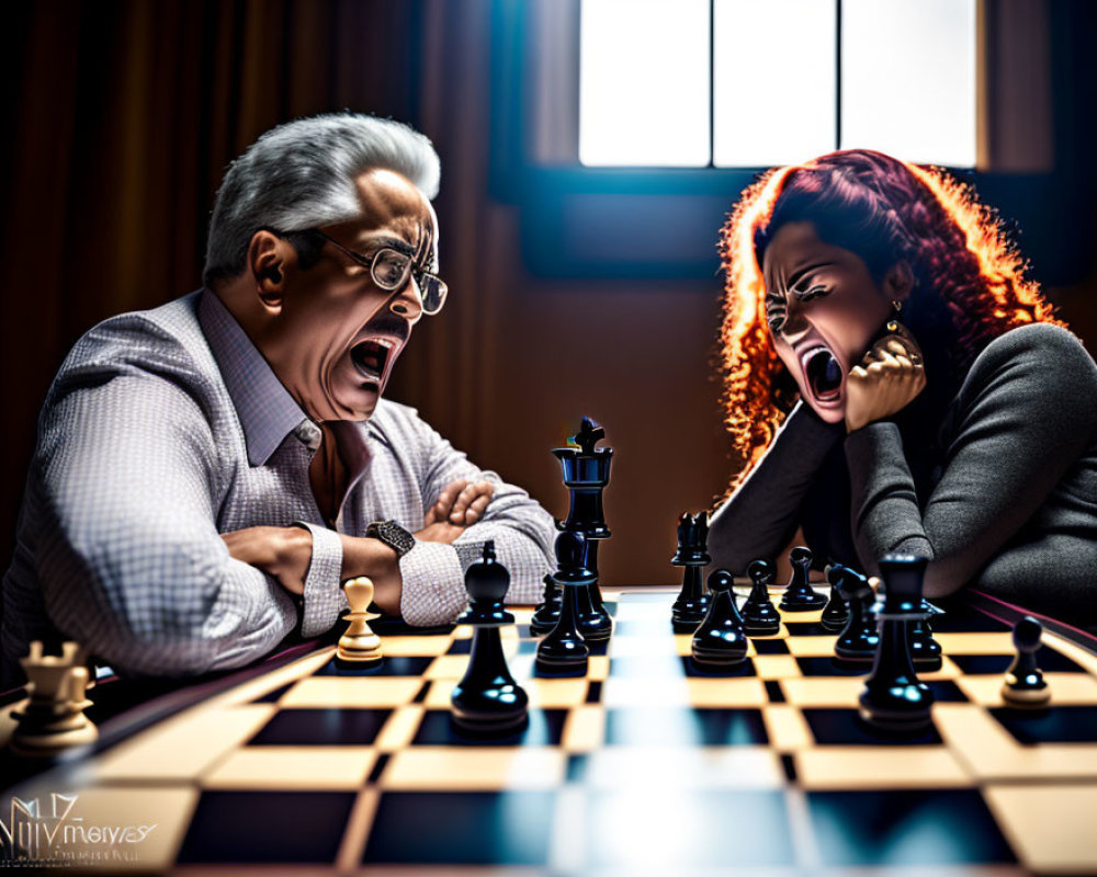 Exaggerated expressions in chess game: shock and triumph.