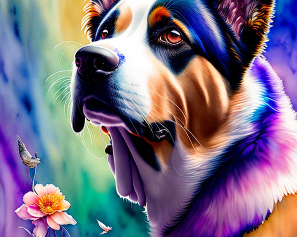 Colorful artwork: Dog, flowers, hummingbird in surreal style
