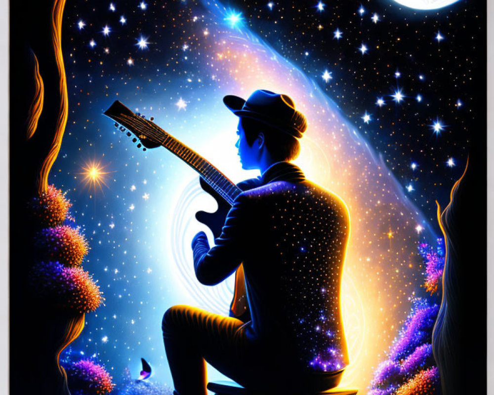 Silhouetted figure playing guitar in cosmic scenery with stars, nebulae, and crescent