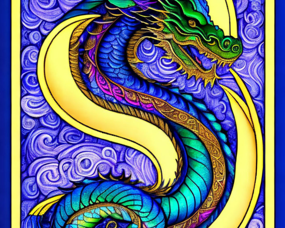 Colorful Stained Glass Dragon Illustration on Purple Background