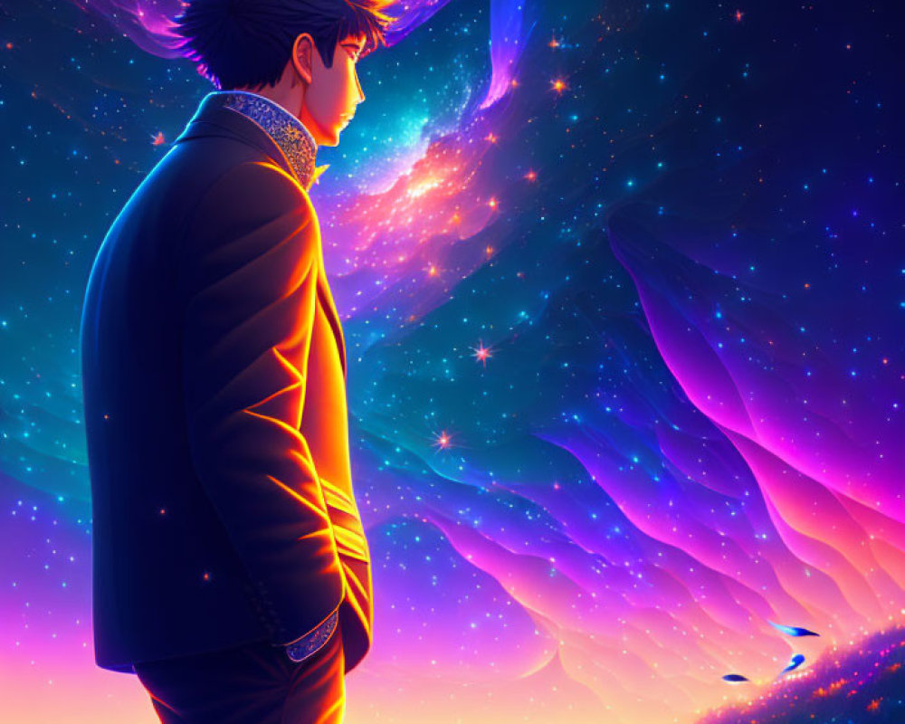 Person in suit admires cosmic sky with stars, nebulae, and galaxies above colorful landscape.