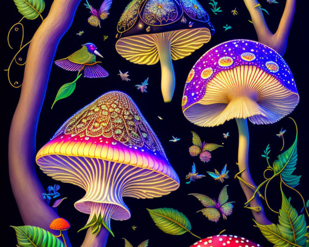 Colorful whimsical mushroom illustration with intricate patterns, surrounded by glowing foliage, birds, and butterflies.