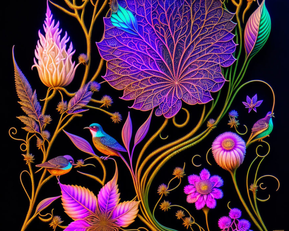 Colorful digital artwork: stylized flora, fauna, ornate flowers, leaves, birds, intricate