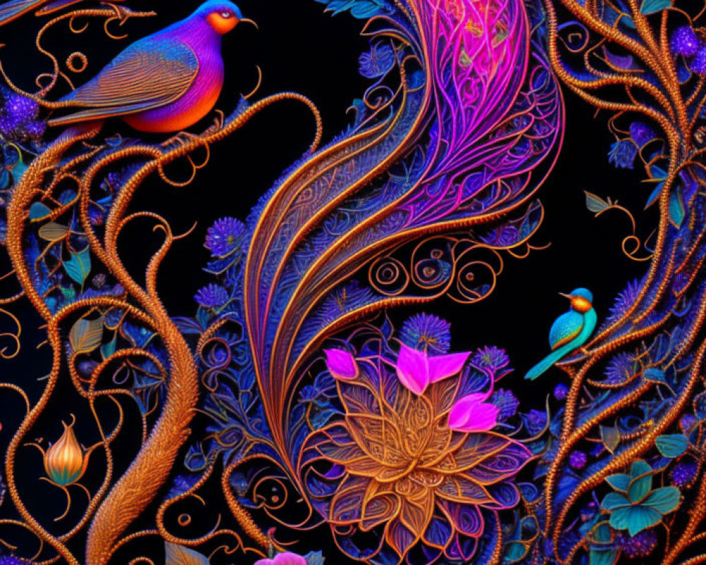 Colorful Digital Art: Stylized Birds and Flora in Neon Patterns