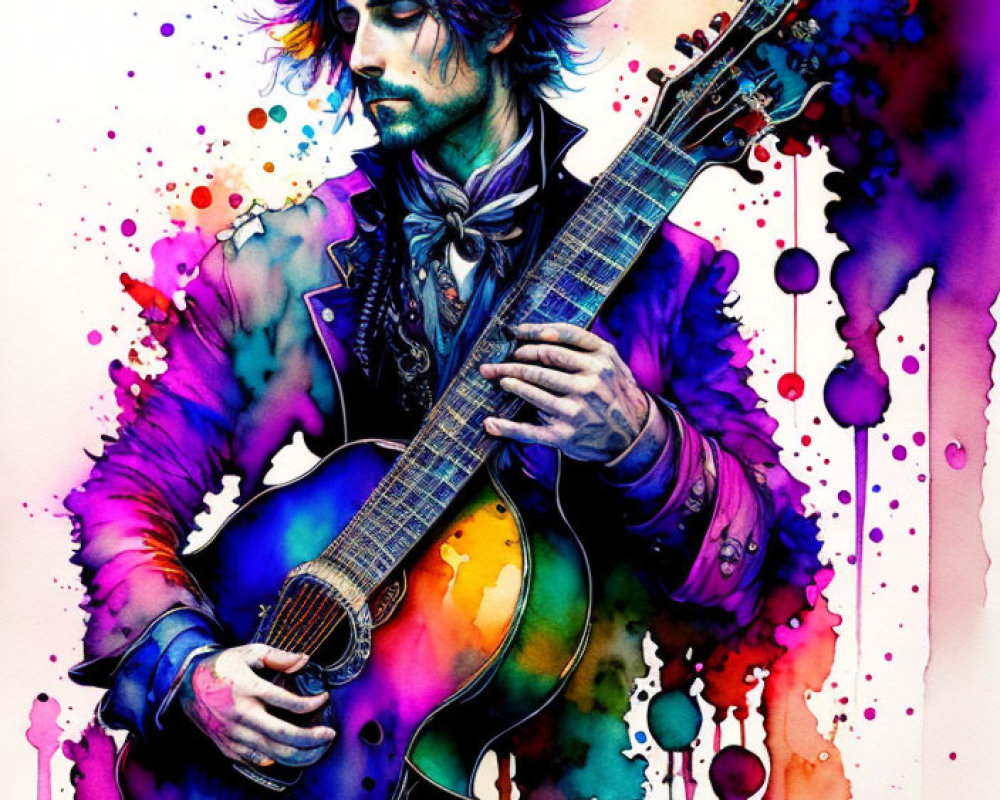 Colorful Watercolor Illustration: Man Playing Guitar with Hat