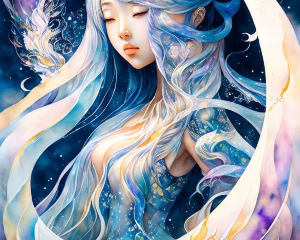 Fantasy illustration of woman with blue hair and cosmic elements framed by crescent moon