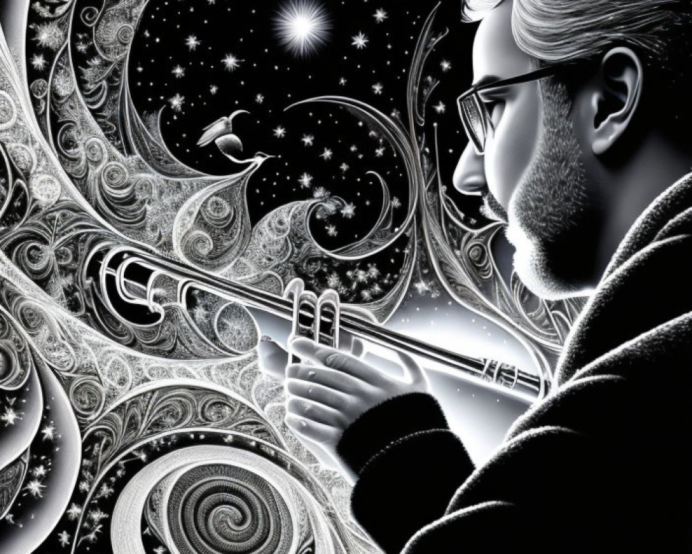 Monochrome illustration of a bearded man playing flute with cosmic background.