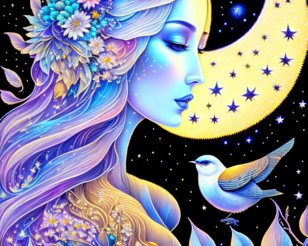 Vibrant illustration: Woman with floral hair, crescent moon, stars, and bird.