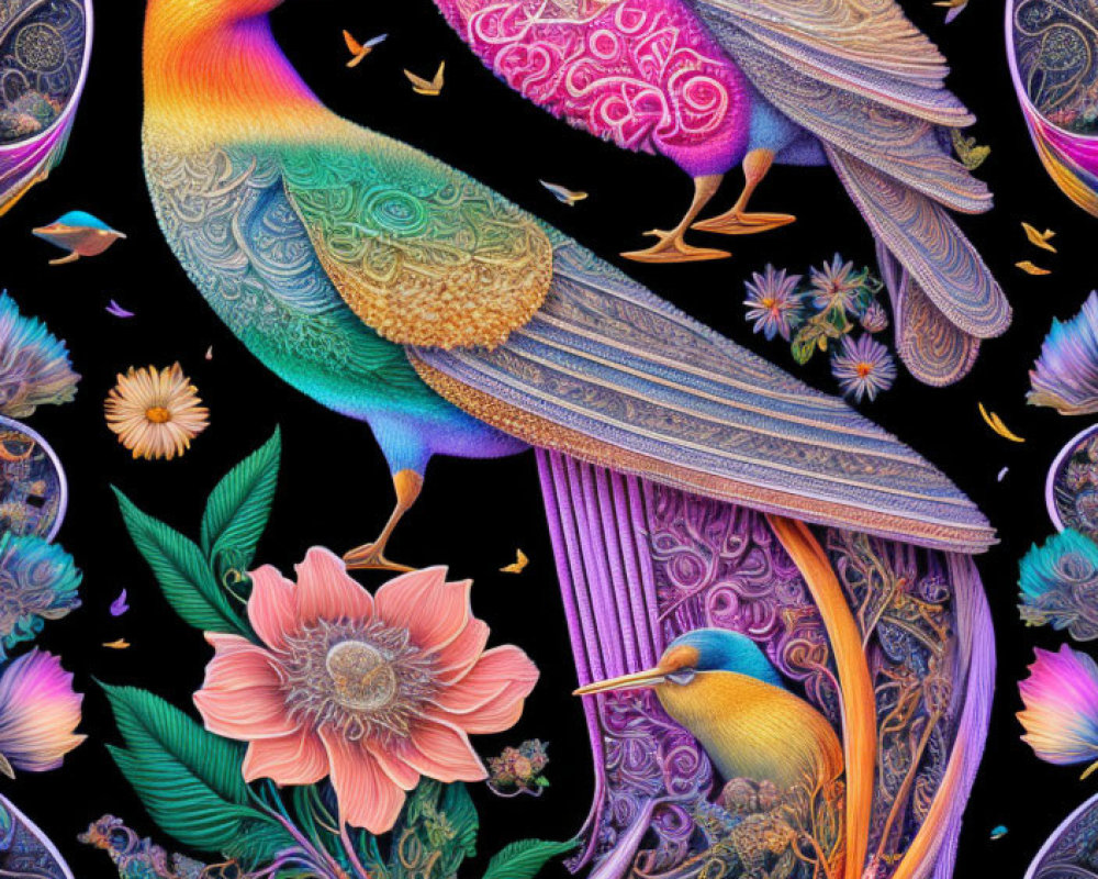 Detailed fantasy artwork of two peacocks with ornate feathers in floral setting