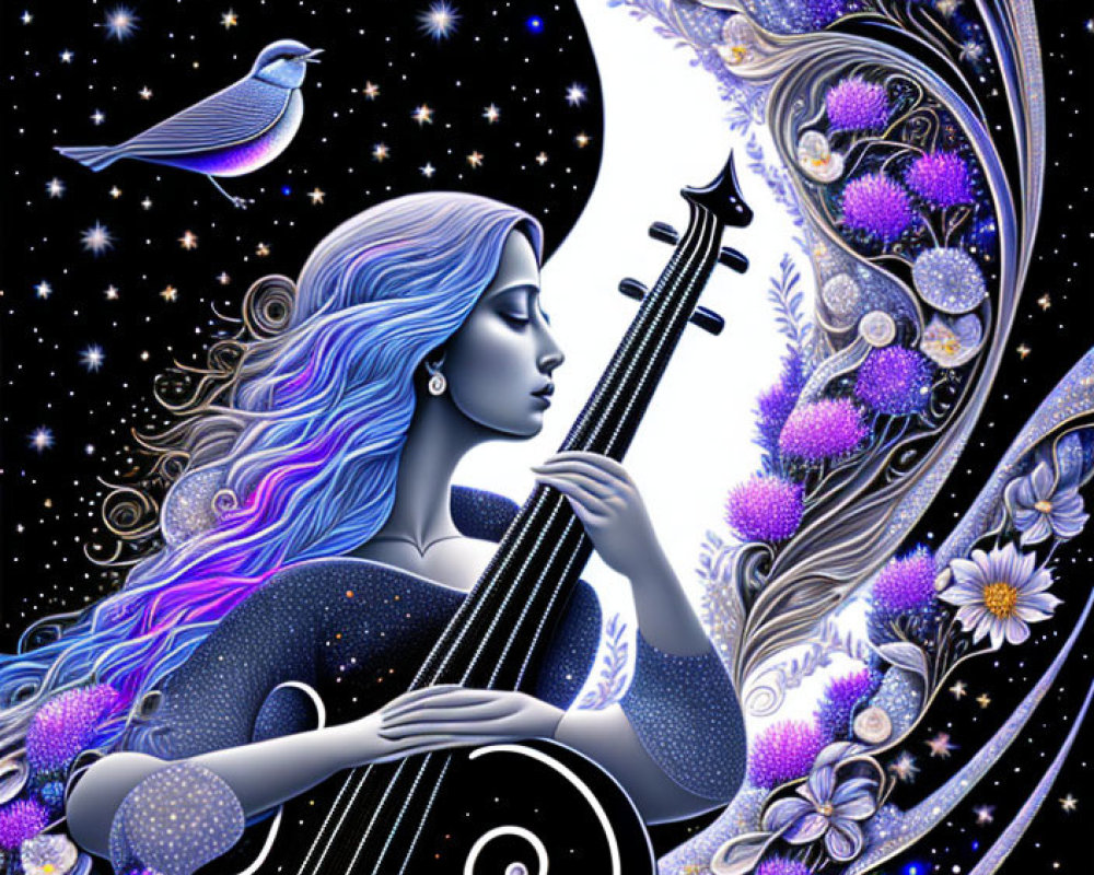 Illustration of woman with blue hair playing cello in night sky with flowers and bird.