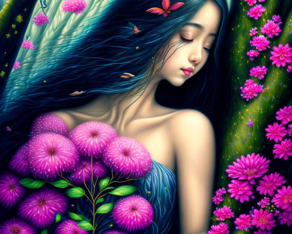 Woman with flowing hair, pink flowers, butterflies, and forest backdrop.