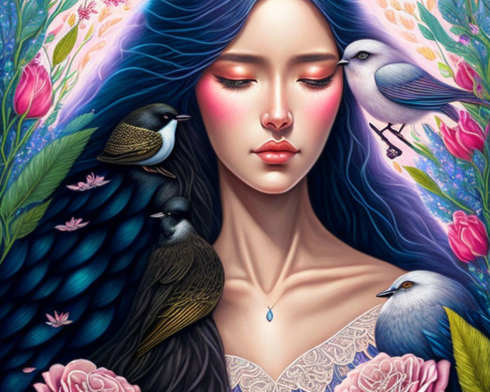 Illustration of woman with blue hair, birds, flowers, vibrant foliage