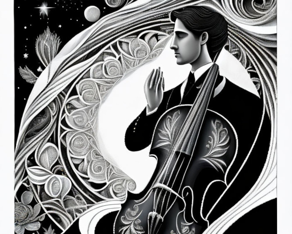 Monochromatic illustration of person fused with cello in cosmic setting