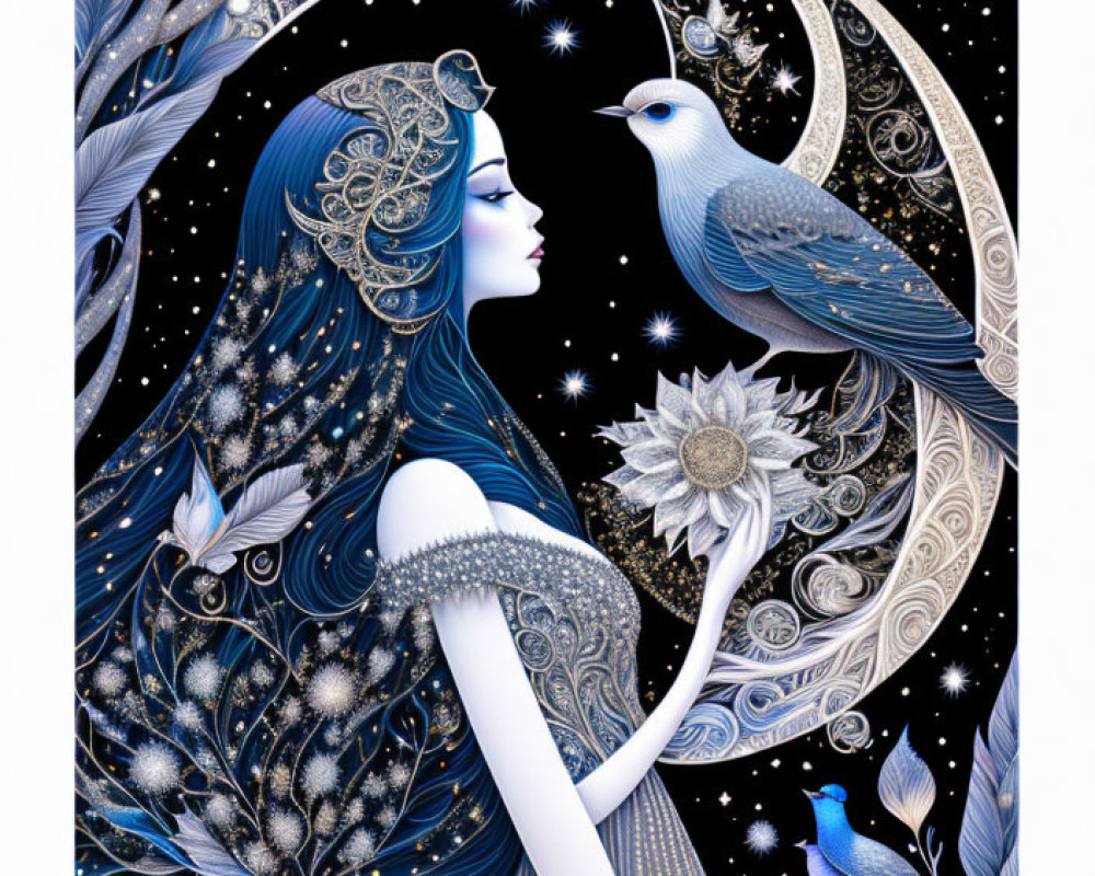 Celestial-themed woman illustration with nature and cosmos elements in dark blue palette