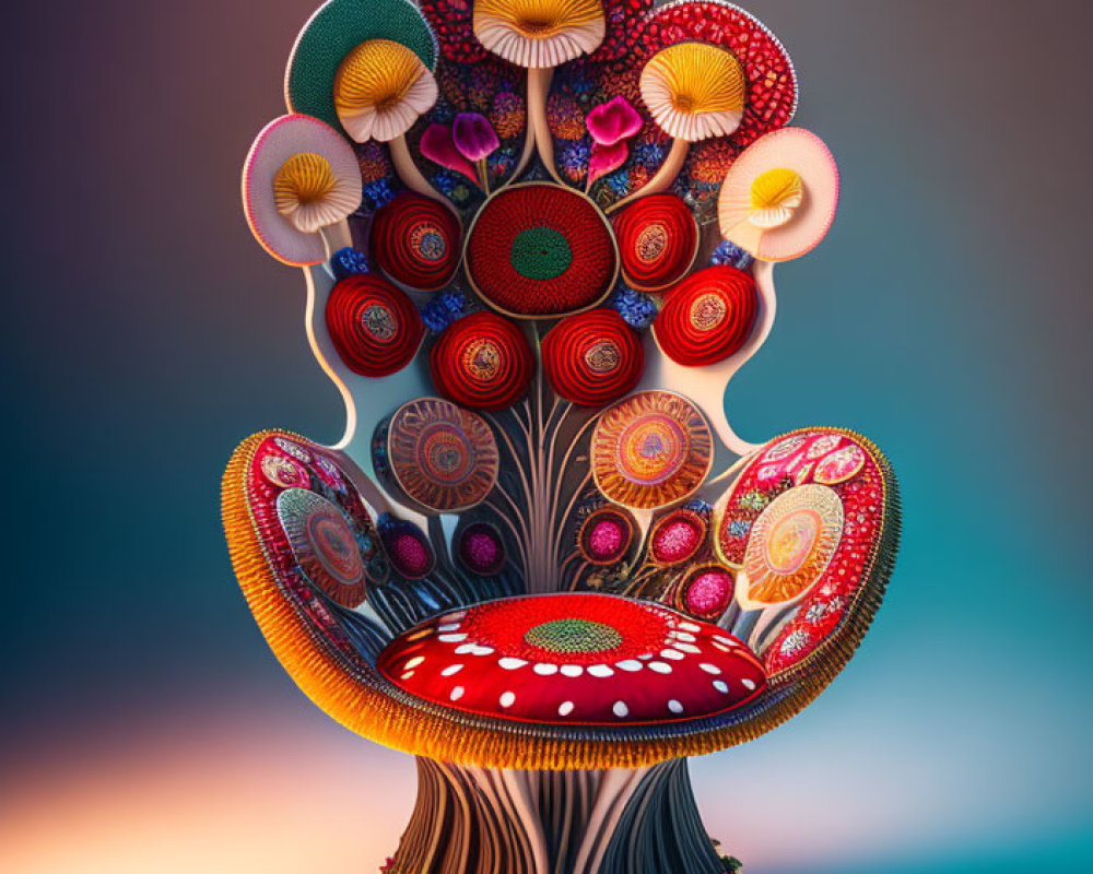 Colorful Tree with Mushroom-Like Trunk and Patterned Branches