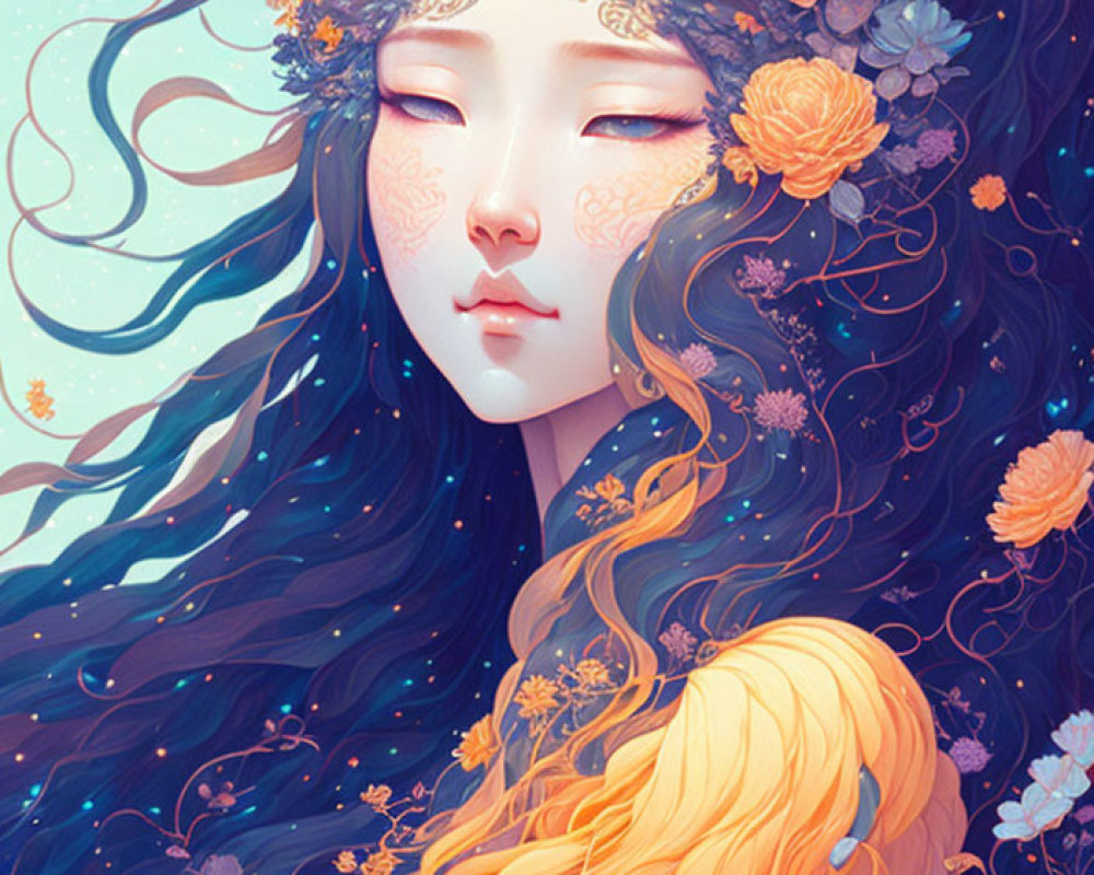 Illustrated Female Figure with Flowing Blue Hair and Orange Flowers in Serene Pose