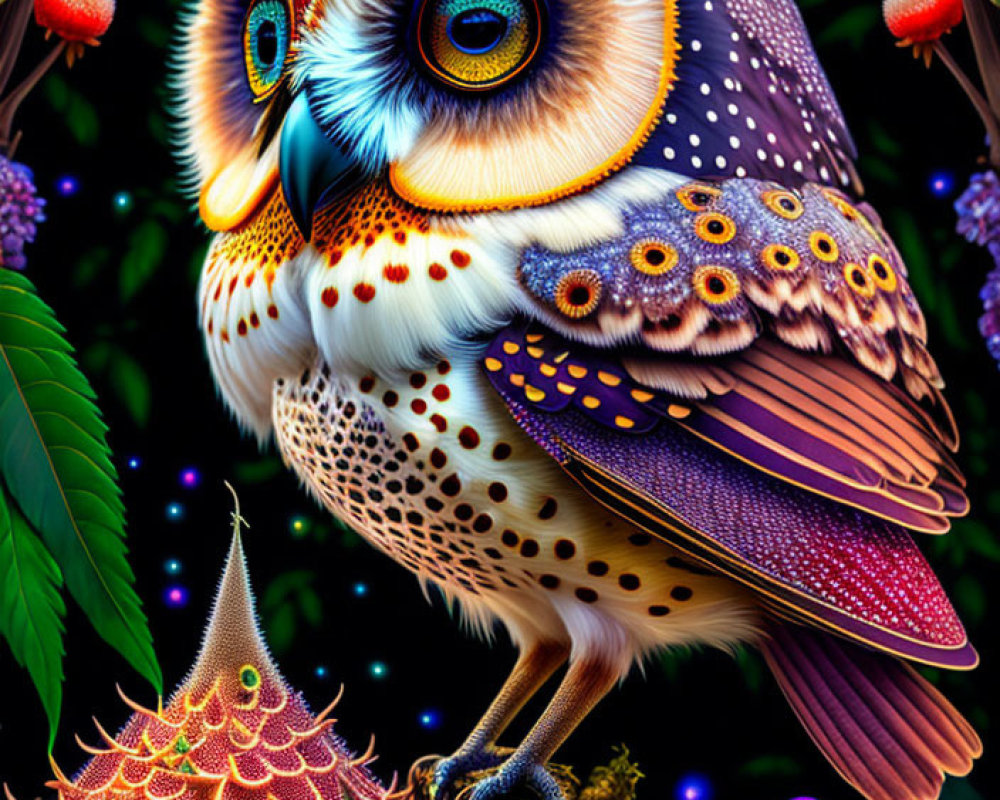 Vivid stylized owl on branch in whimsical art style