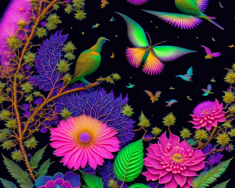 Colorful digital art: Birds flying amid neon flowers and insects on black background