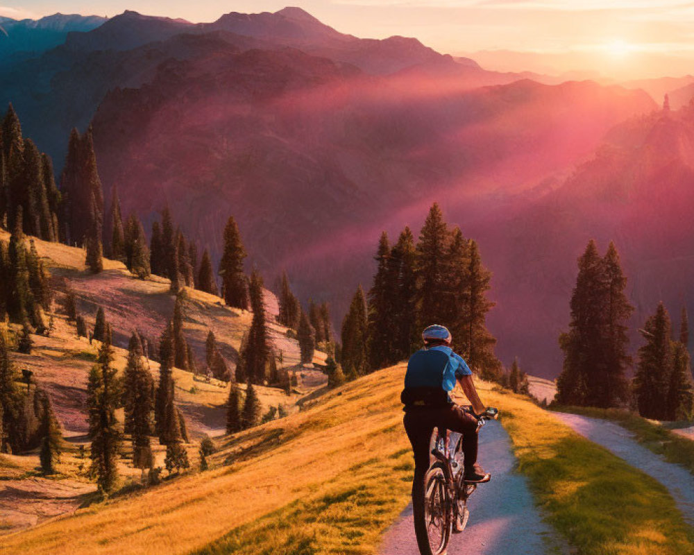 Cyclist on mountain trail at sunset with long shadows over rolling hills