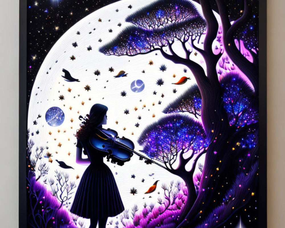 Silhouette of woman playing violin under starry sky in whimsical art.