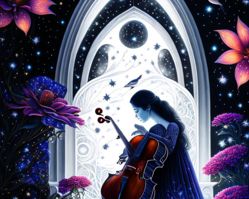 Woman playing violin in starry night setting with purple flowers and celestial bodies in window
