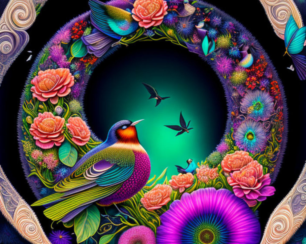 Colorful digital artwork: stylized bird, vibrant flowers, teal backdrop