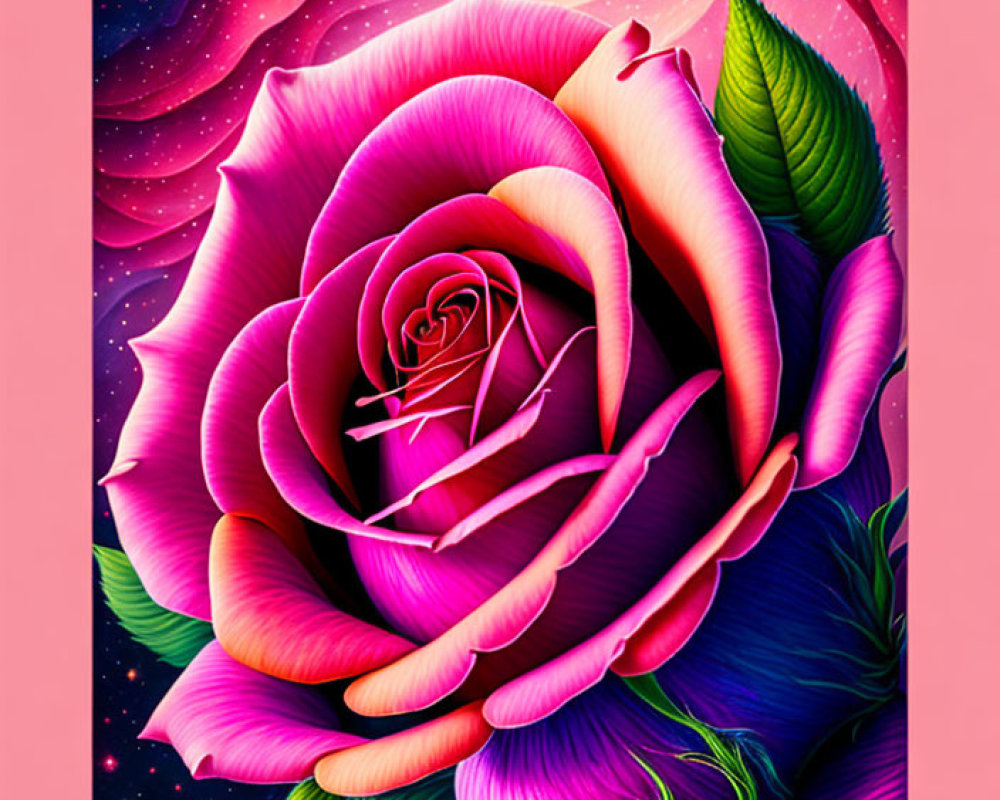 Detailed digital artwork: Pink rose held by hands in cosmic setting