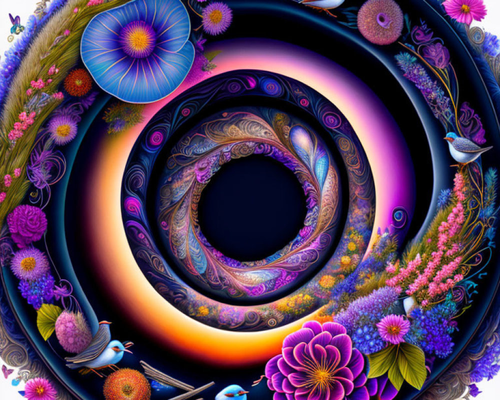 Colorful Circular Fractal Image with Flowers, Birds, and Ornate Patterns in Blues, Purp