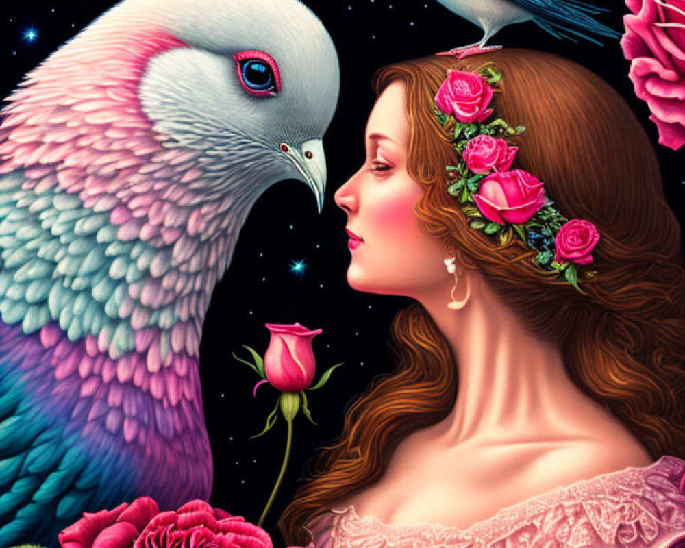 Woman with floral crown admires pigeon amidst roses and starlit sky