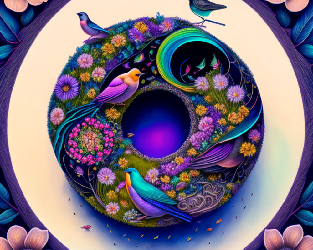 Colorful circular landscape with flora and birds in decorative frame.