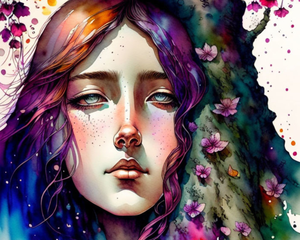 Vibrant portrait with flowing hair and floral watercolor accents