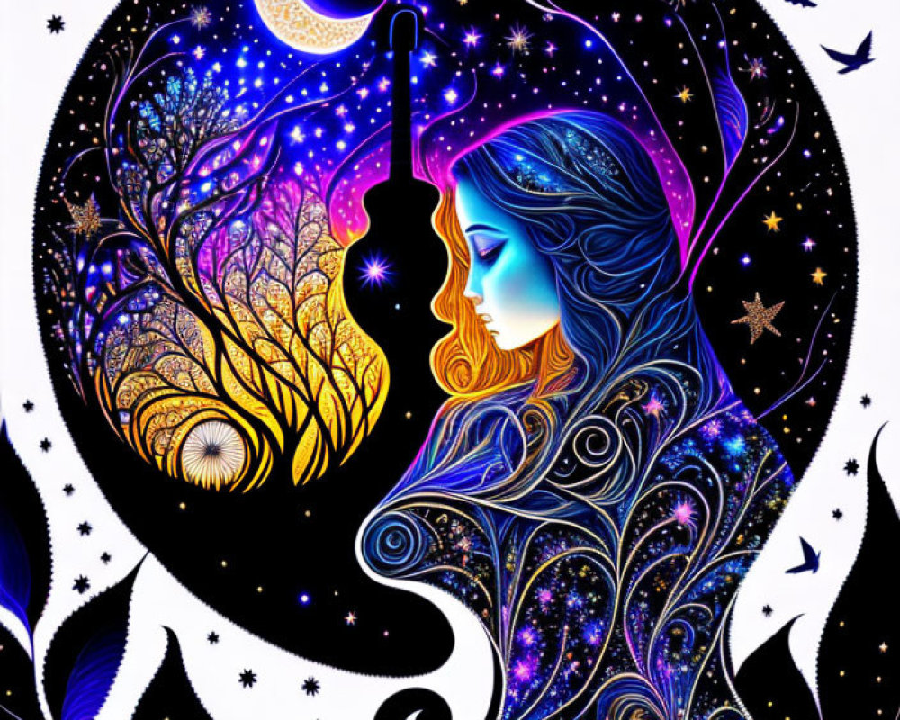 Colorful Artwork: Woman's Silhouette with Cosmic and Nature Motifs