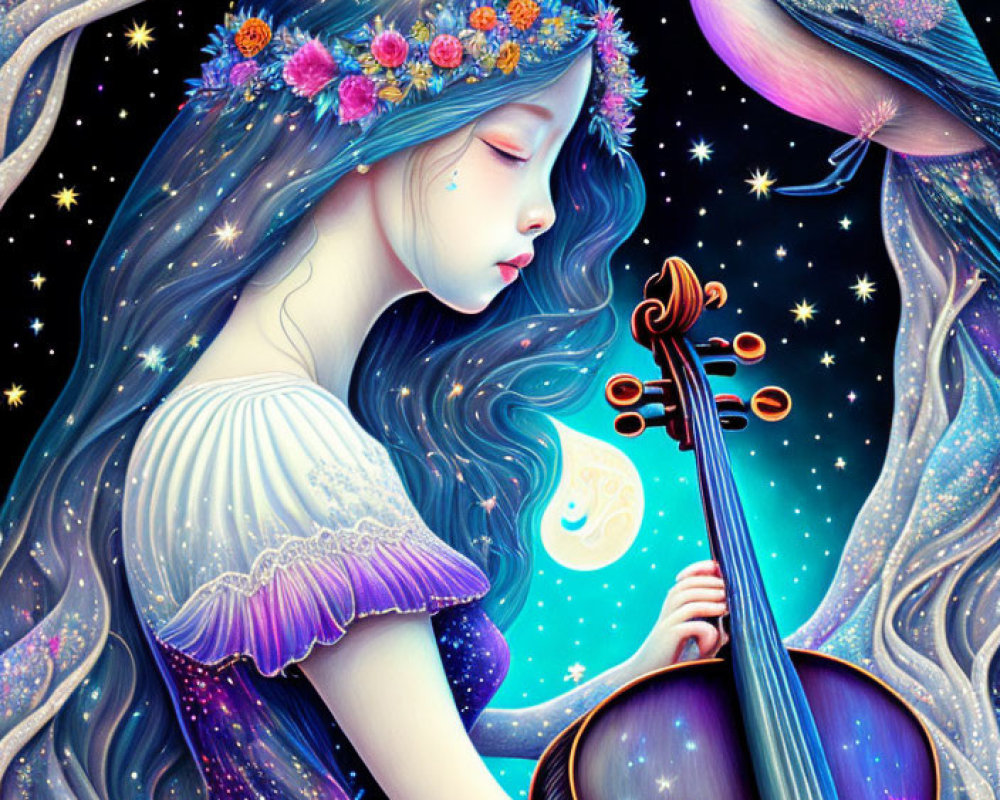 Illustration of woman with long hair, floral crown, violin, bird, and starry background