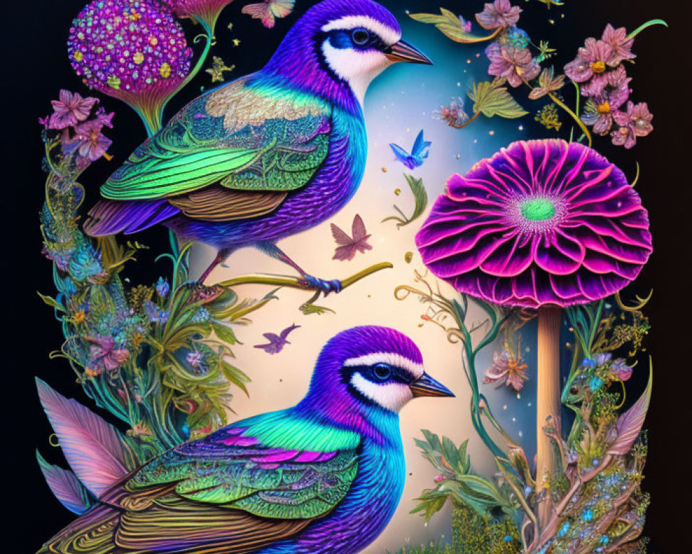 Colorful Birds Amid Fluorescent Nature Scene