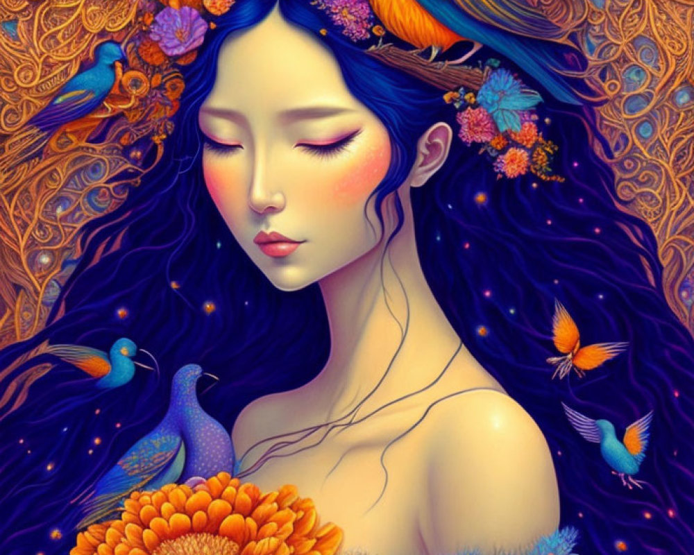 Vivid Woman Surrounded by Flowers and Birds in Fantasy Illustration