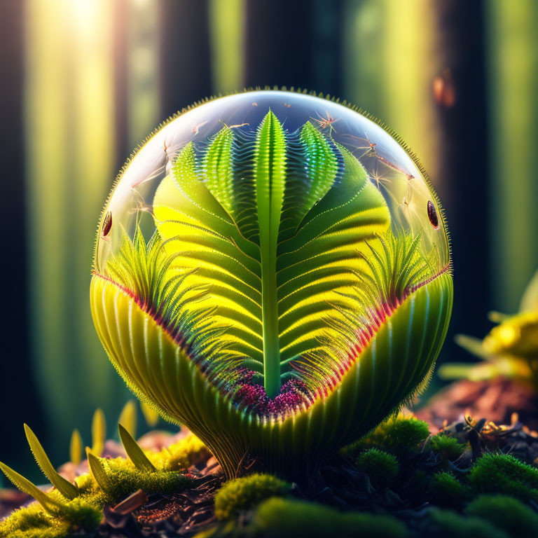 Green fern in transparent bubble under forest sunbeams