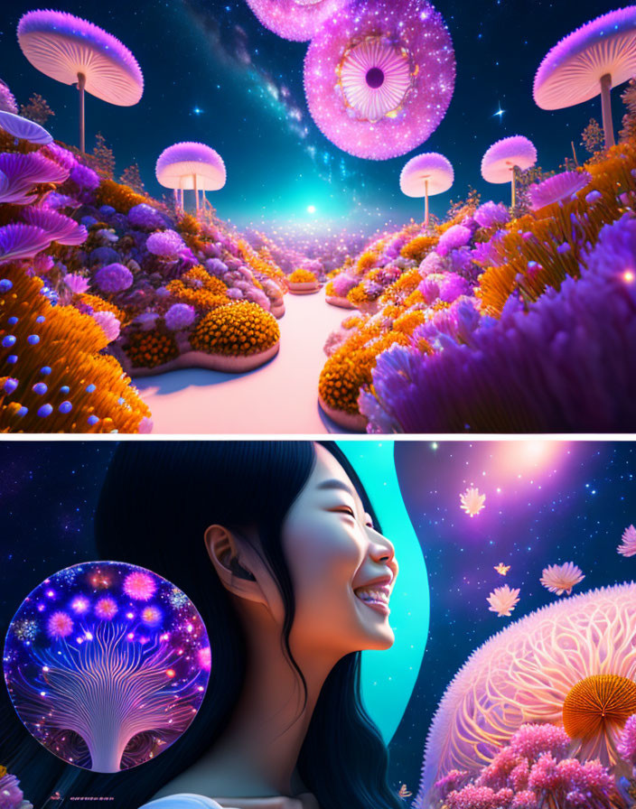 Fantastical digital artwork: Mushroom structures under starry sky with smiling woman circle.