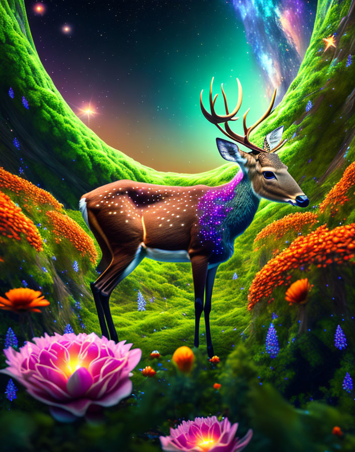 Majestic deer in vibrant fantasy forest with cosmic sky