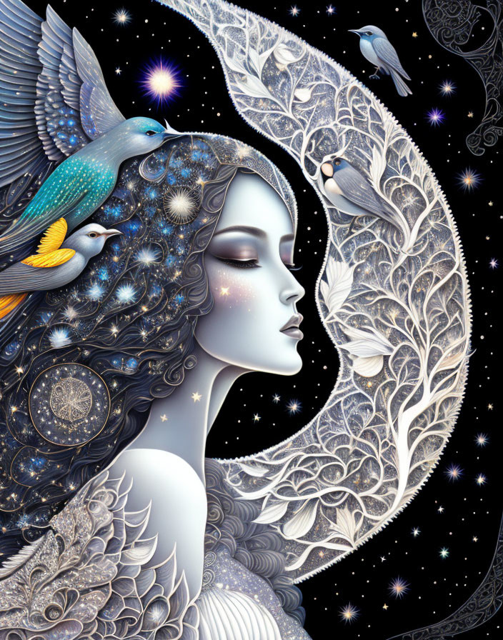 Celestial and Nature-Themed Woman Surrounded by Birds and Intricate Patterns