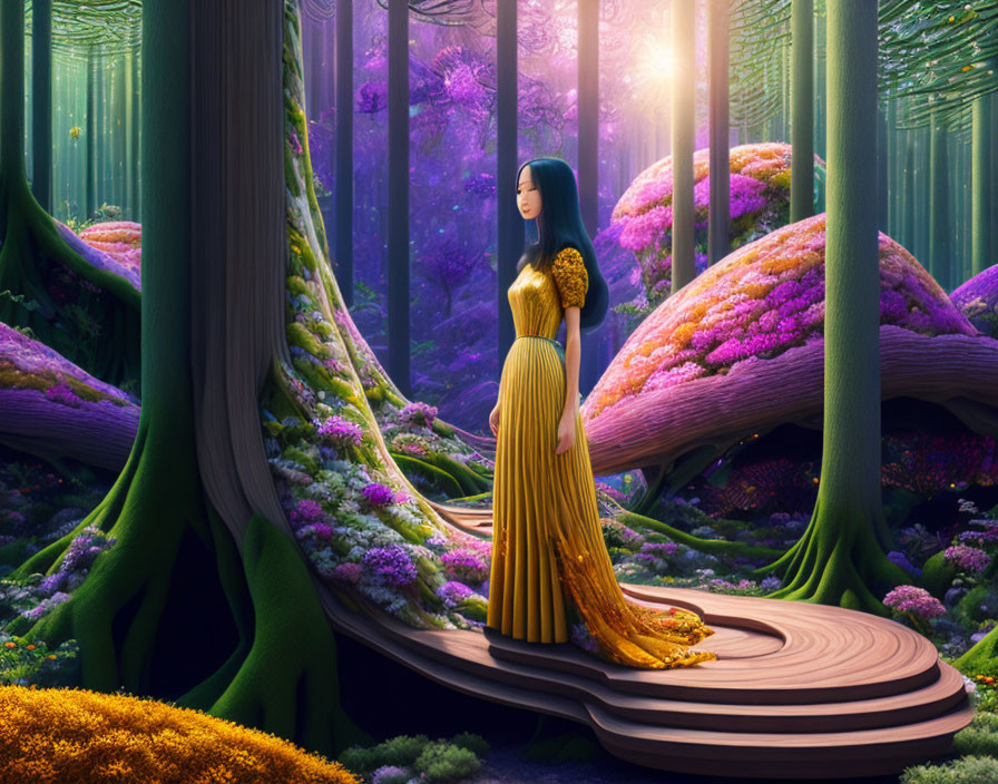 Woman in Yellow Dress in Enchanted Forest with Large Trees and Colorful Flowers