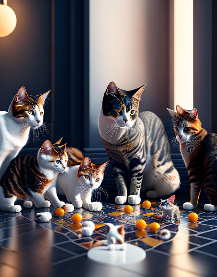 Five Cats Playing Board Game with Miniature Furniture and Dice-like Objects