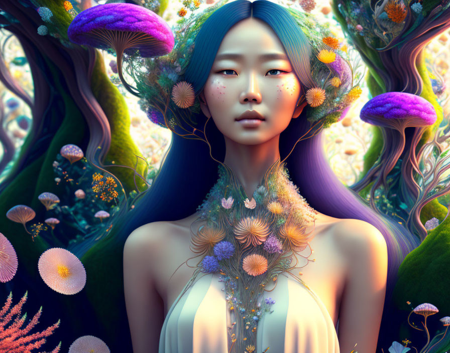Vibrant digital artwork of woman with blue hair in fantastical nature scene