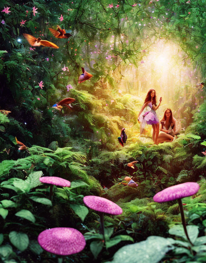 Two women in mystical forest with pink mushrooms and ethereal glow