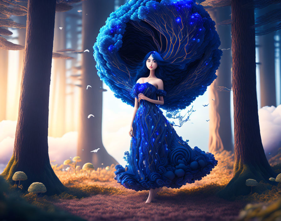 Woman in blue dress merges with glowing tree in fantastical forest