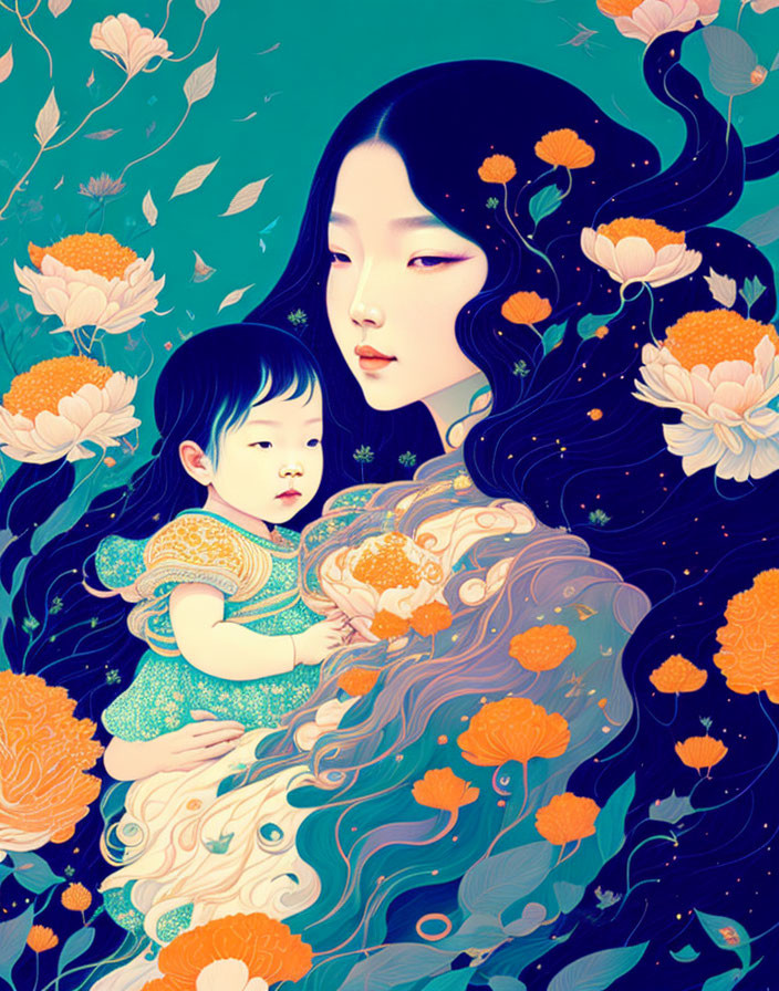 Vibrant teal and orange illustration of woman with child in floral setting