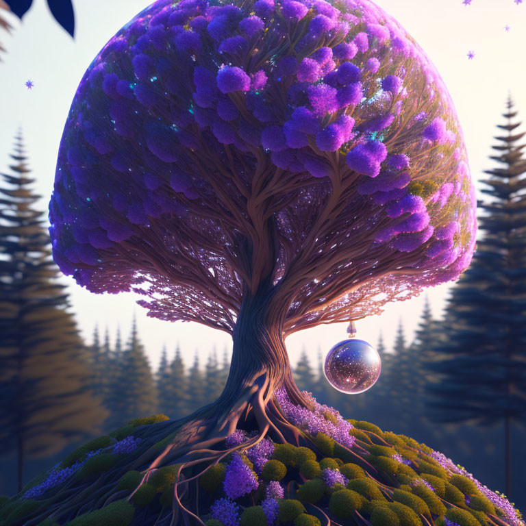 Purple foliage tree with hanging bauble in mystical forest scene