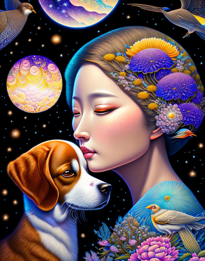 Vibrant portrait of woman with flowers, dog, birds, cosmic background